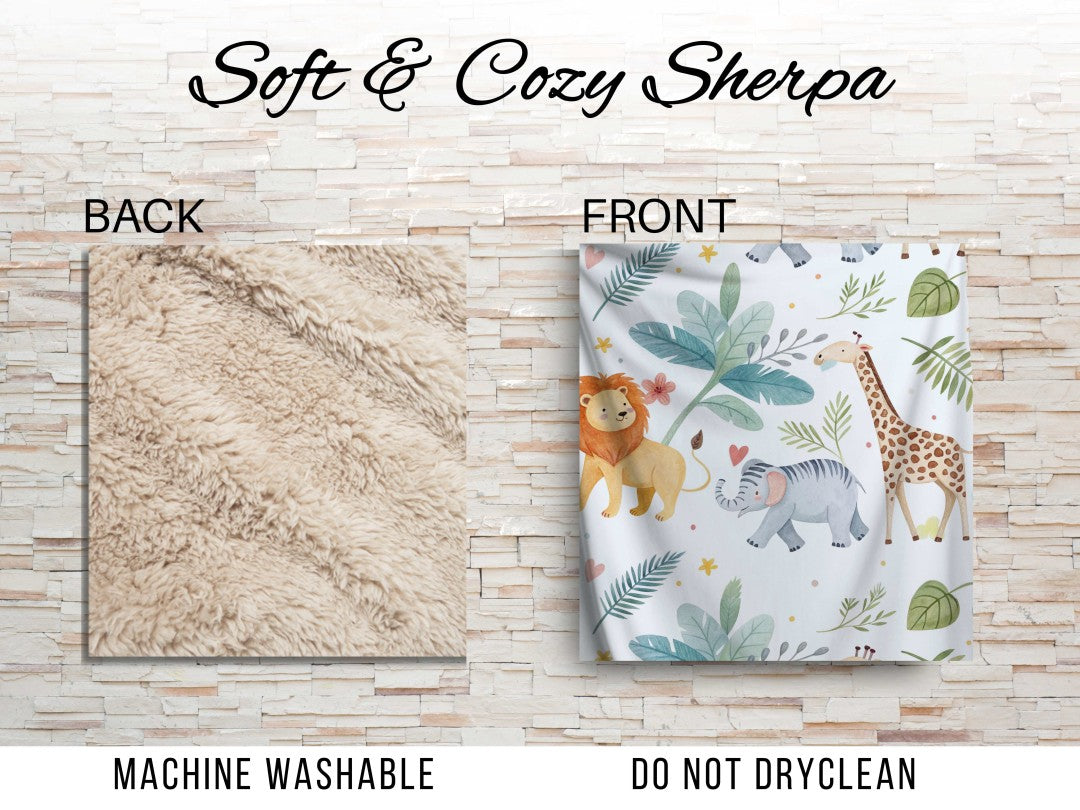 Sherpa Throw Blanket - Baby Jungle Animals Design - Soft Plush Throw Blanket