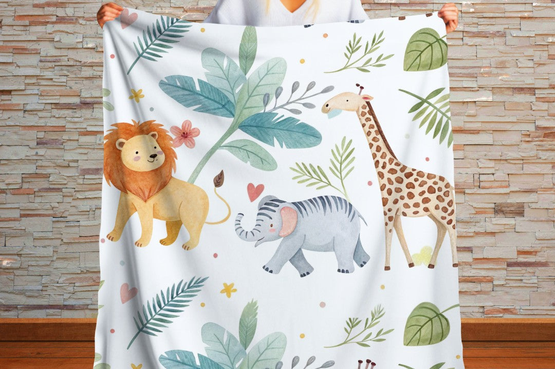 Sherpa Throw Blanket - Baby Jungle Animals Design - Soft Plush Throw Blanket