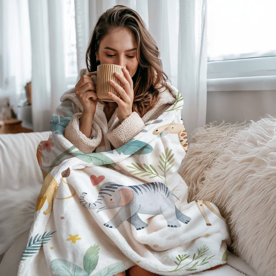Sherpa Throw Blanket - Baby Jungle Animals Design - Soft Plush Throw Blanket