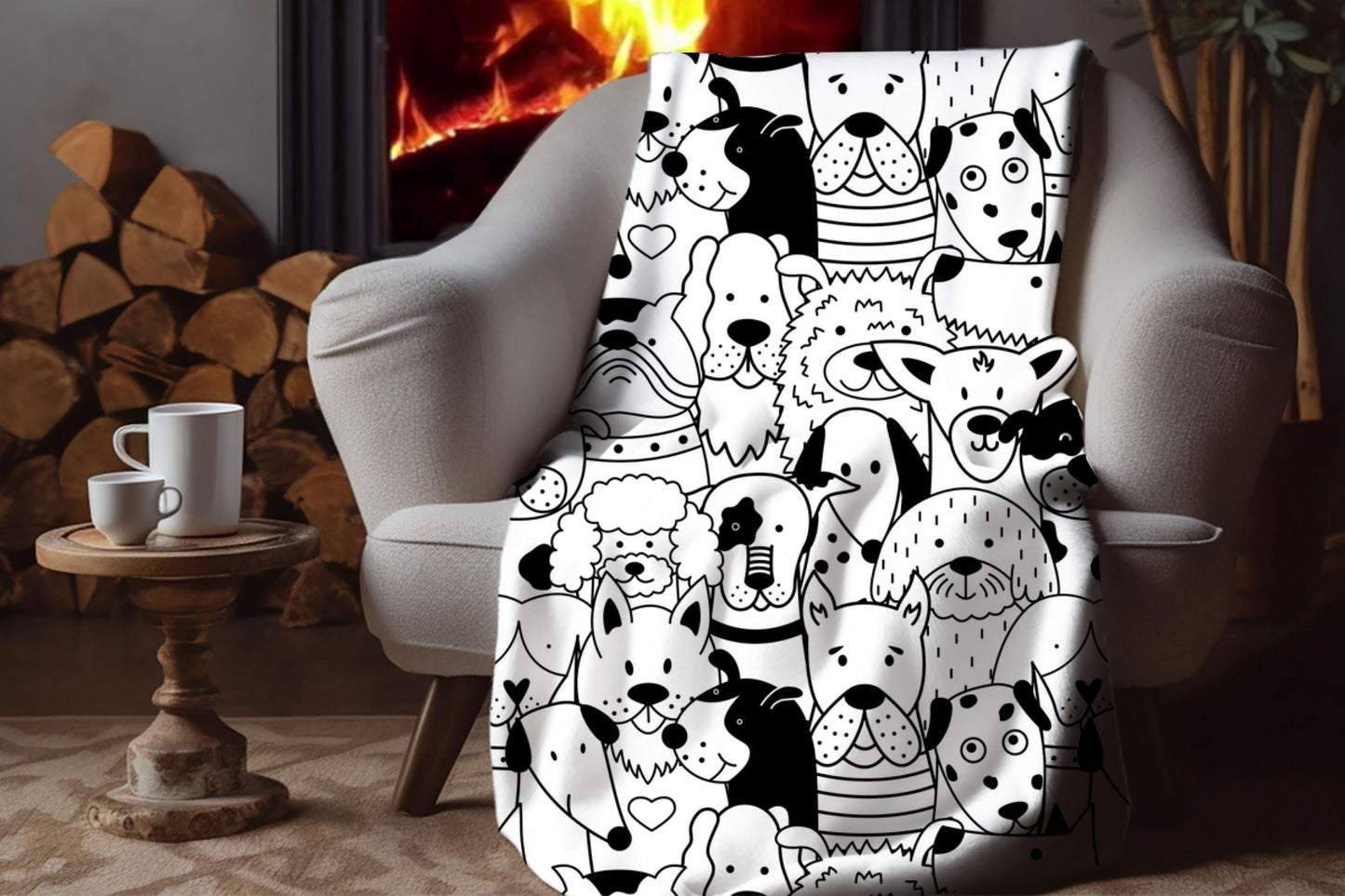 Black and White Dog Doodle Sherpa Blanket – Cute Puppy Pattern Pet Lover Throw