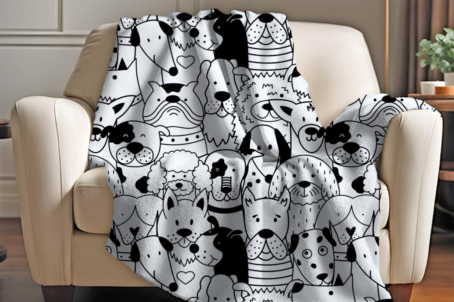 Black and White Dog Doodle Sherpa Blanket – Cute Puppy Pattern Pet Lover Throw