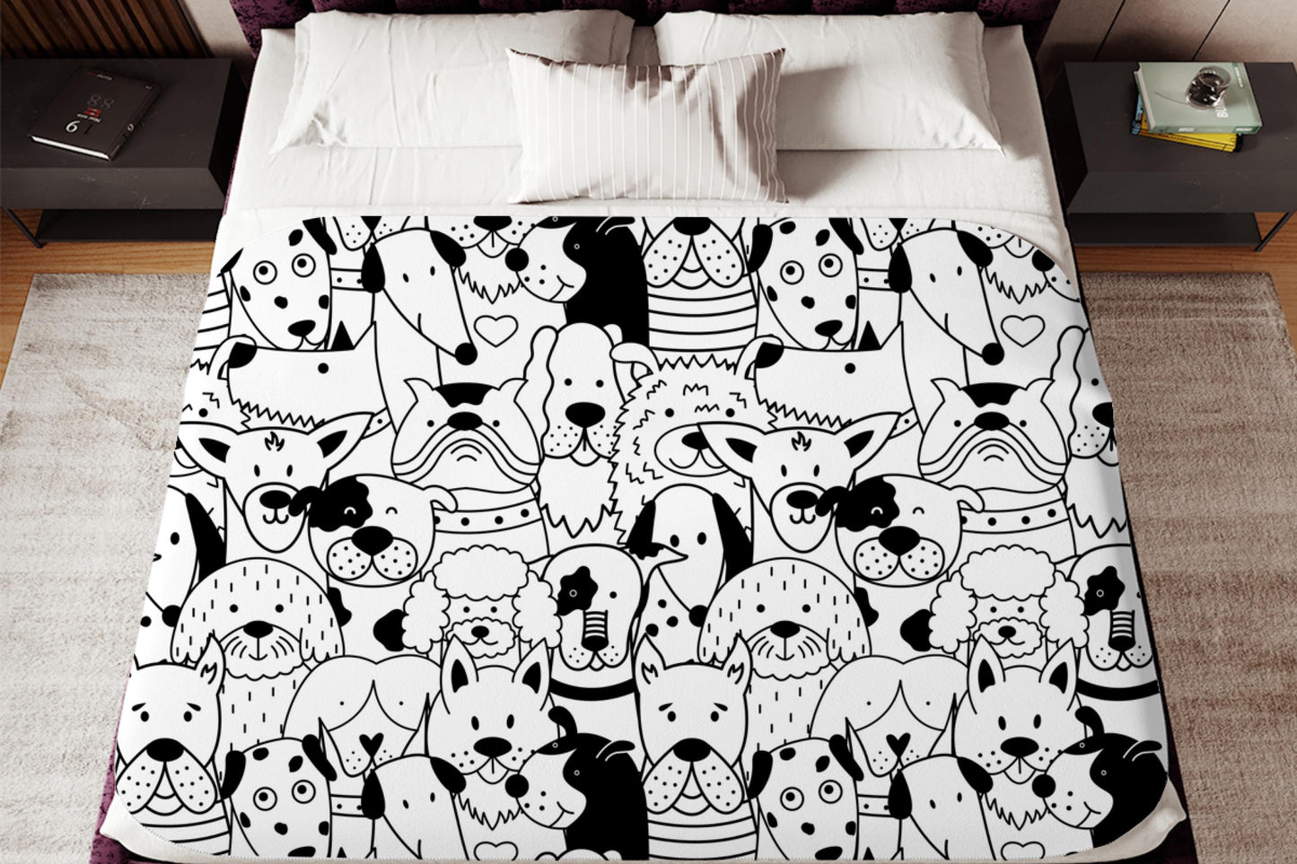 Black and White Dog Doodle Sherpa Blanket – Cute Puppy Pattern Pet Lover Throw