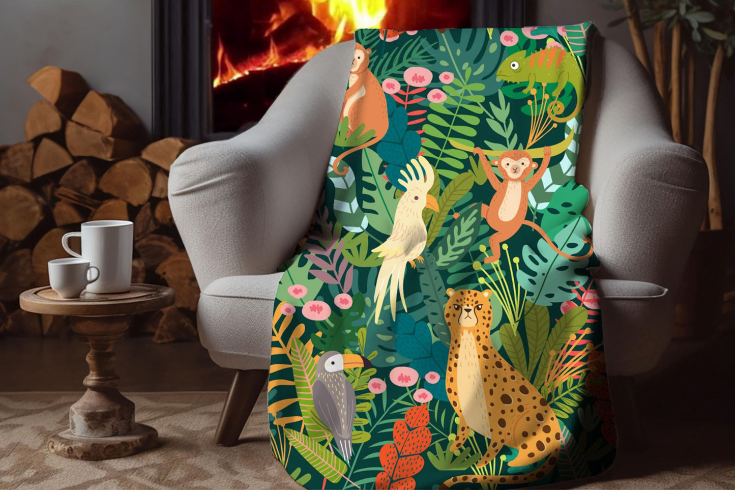Jungle Safari Animals Sherpa Blanket – Tigers, Monkeys, Cheetah & Tropical Leaves