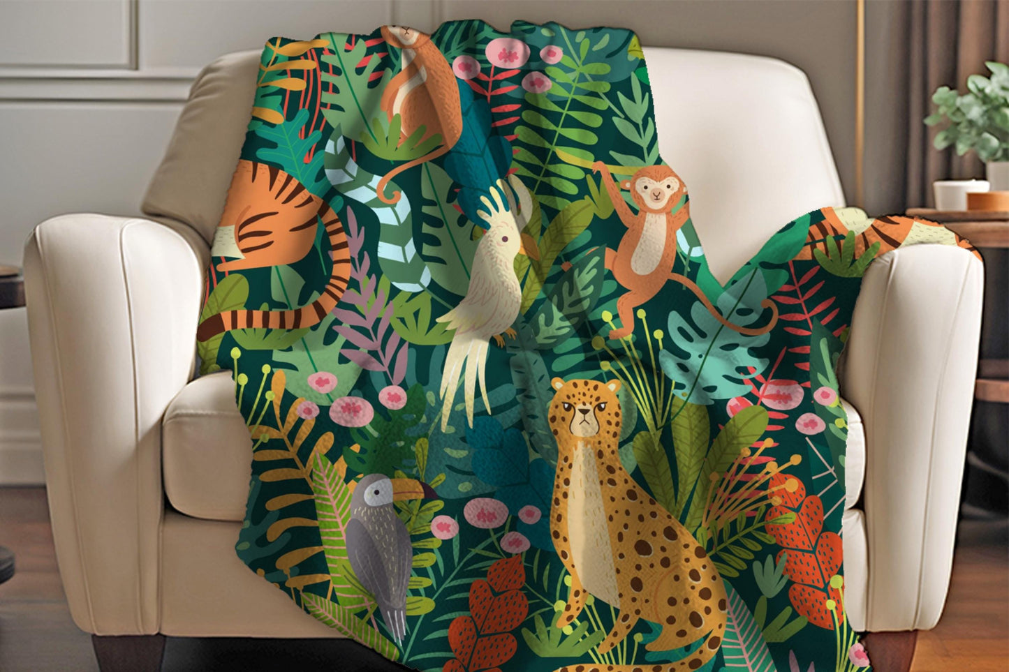 Jungle Safari Animals Sherpa Blanket – Tigers, Monkeys, Cheetah & Tropical Leaves