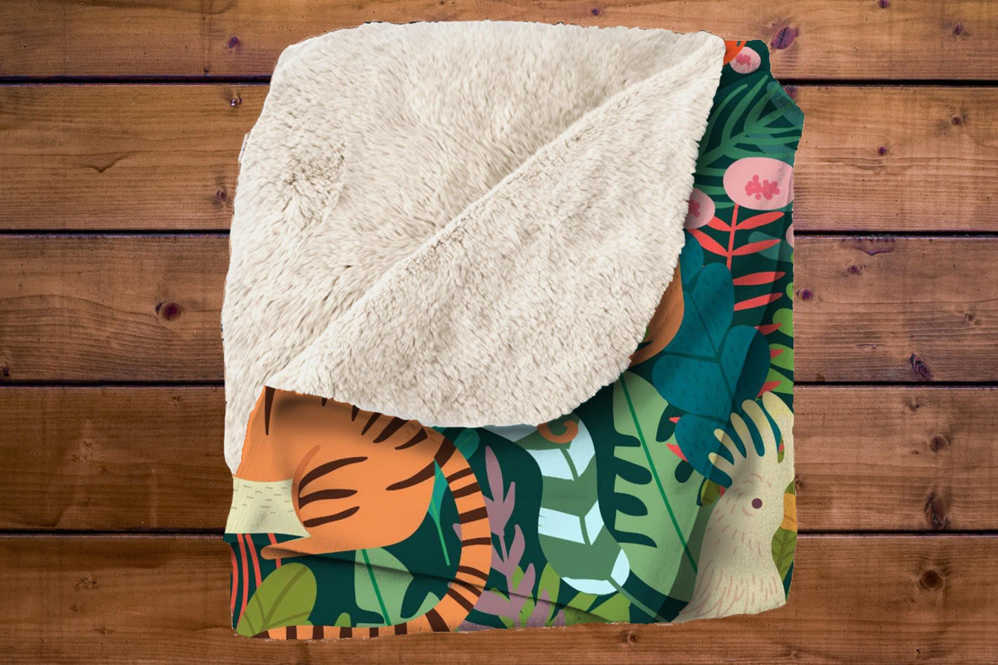 Jungle Safari Animals Sherpa Blanket – Tigers, Monkeys, Cheetah & Tropical Leaves