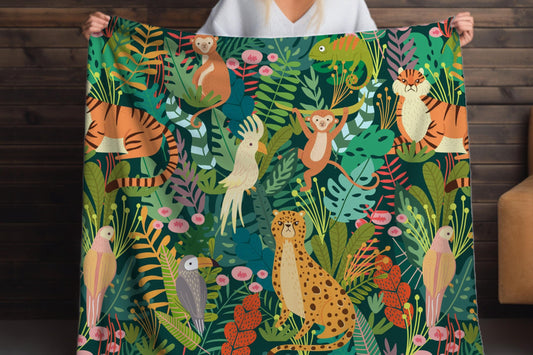 Jungle Safari Animals Sherpa Blanket – Tigers, Monkeys, Cheetah & Tropical Leaves