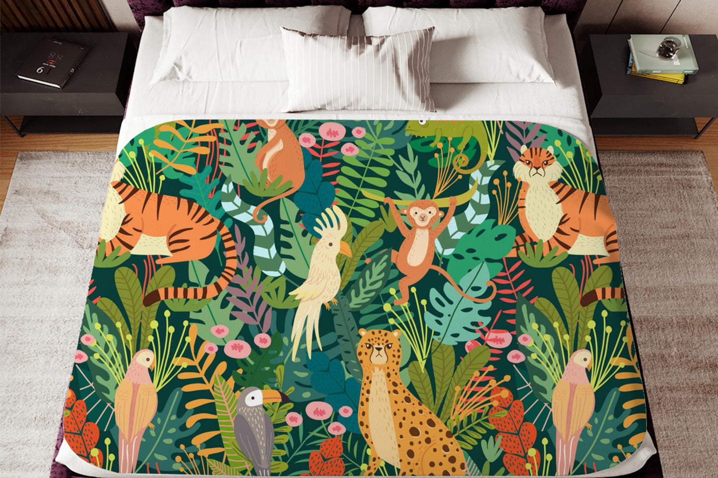 Jungle Safari Animals Sherpa Blanket – Tigers, Monkeys, Cheetah & Tropical Leaves