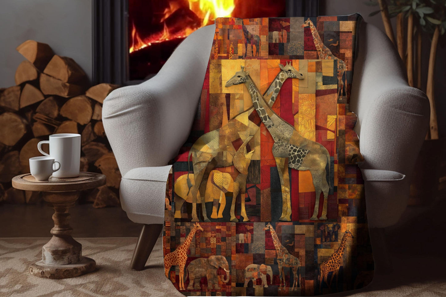 Safari Giraffe Patchwork Sherpa Blanket – Warm Earth Tones, Elephants & African Wildlife Art