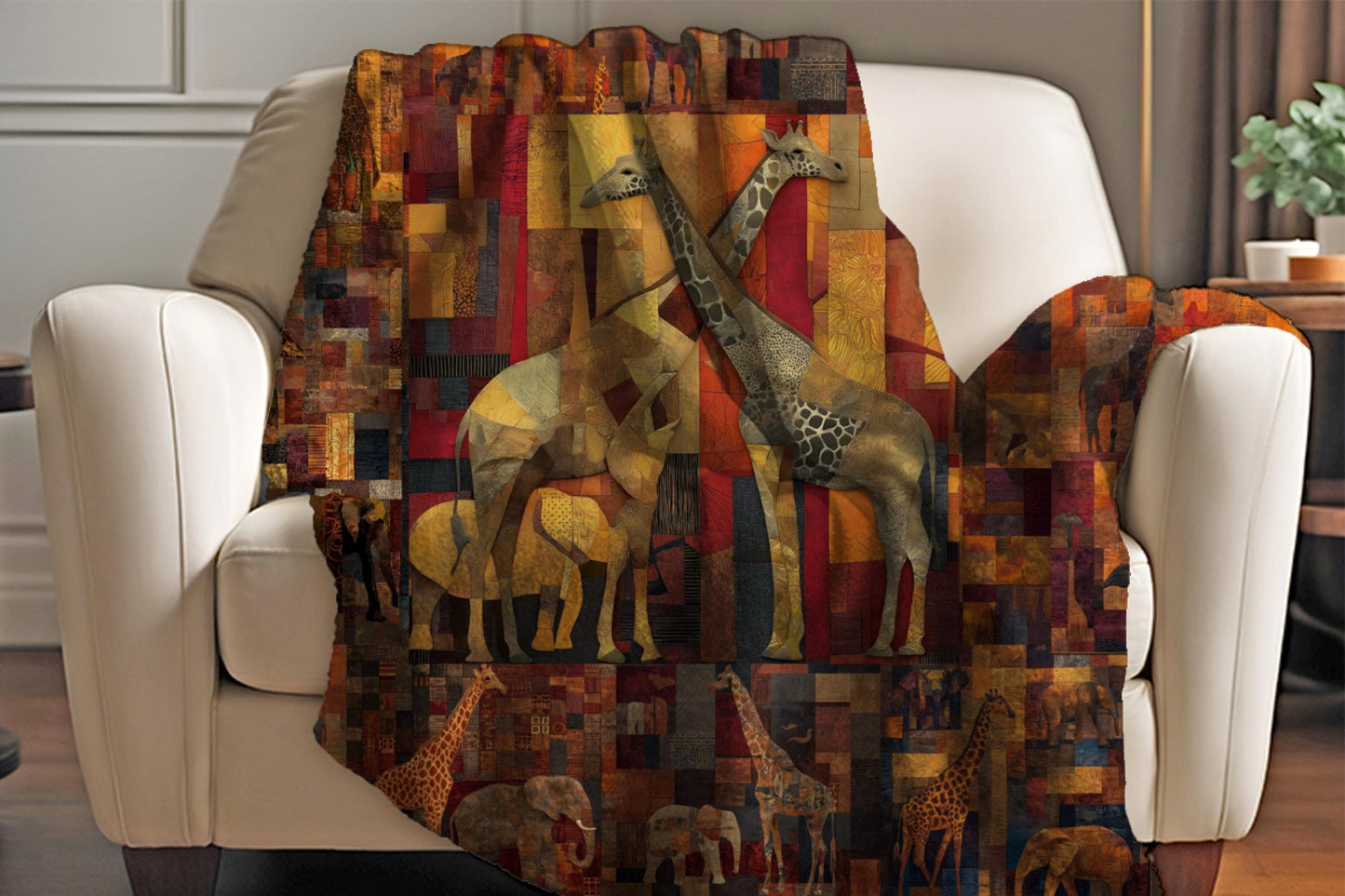 Safari Giraffe Patchwork Sherpa Blanket – Warm Earth Tones, Elephants & African Wildlife Art