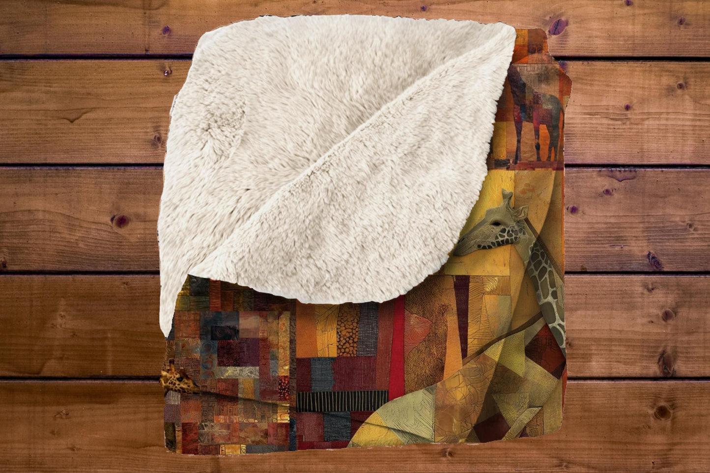 Safari Giraffe Patchwork Sherpa Blanket – Warm Earth Tones, Elephants & African Wildlife Art