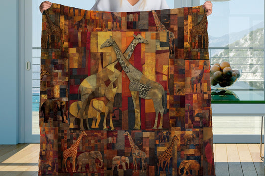 Safari Giraffe Patchwork Sherpa Blanket – Warm Earth Tones, Elephants & African Wildlife Art