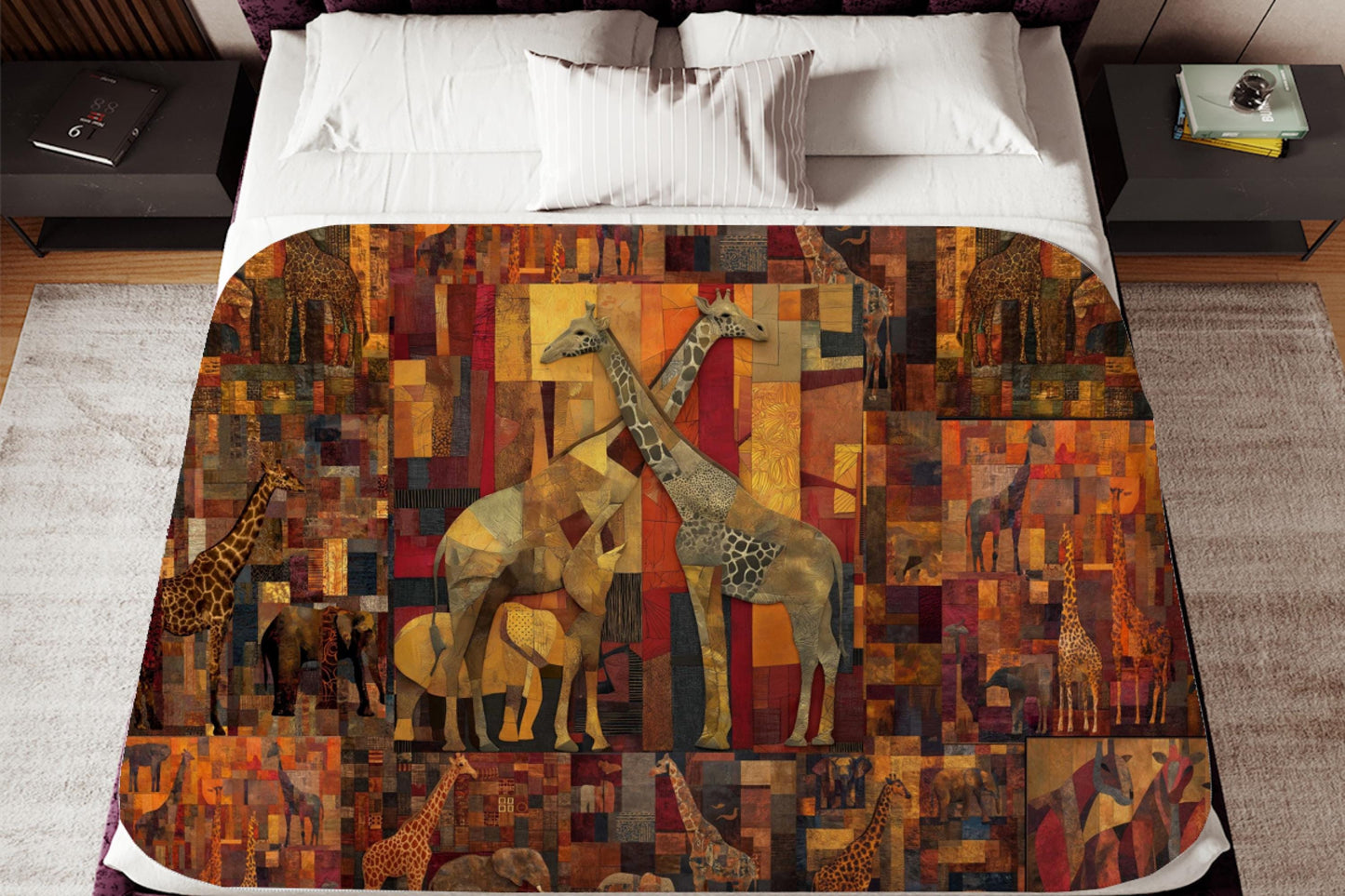 Safari Giraffe Patchwork Sherpa Blanket – Warm Earth Tones, Elephants & African Wildlife Art
