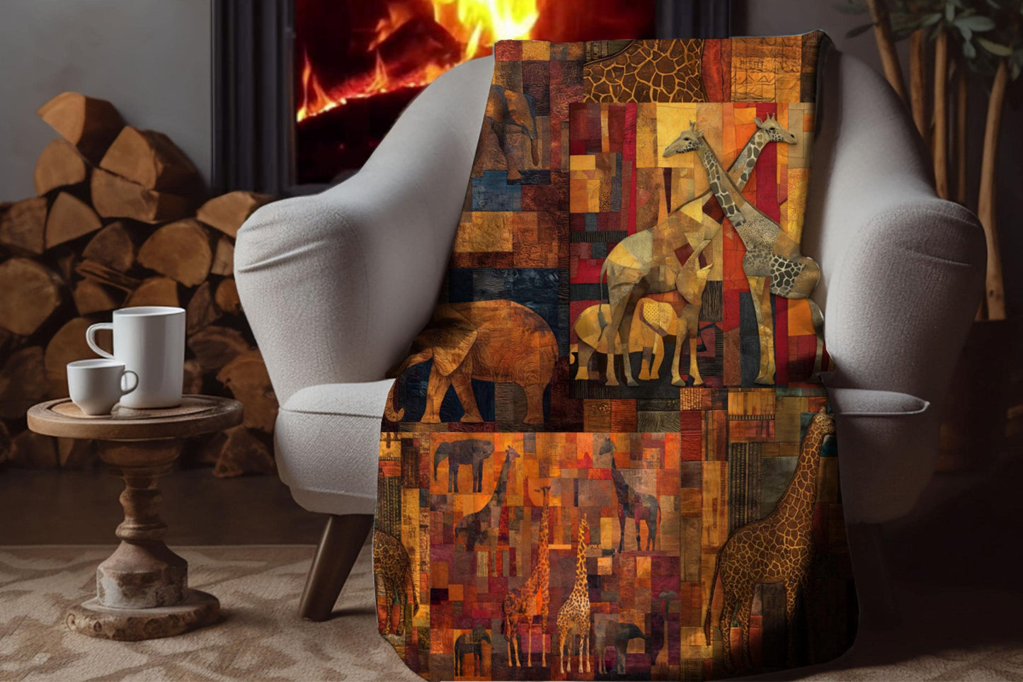 Safari Giraffe Patchwork Sherpa Blanket – Warm Earth Tones, Elephants & African Wildlife Art