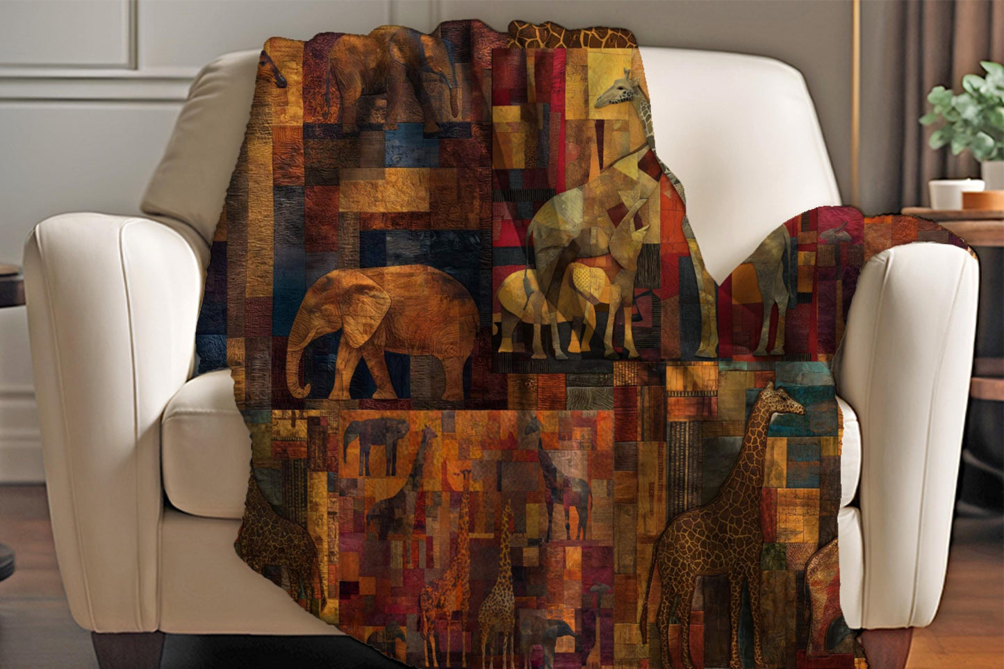 Safari Giraffe Patchwork Sherpa Blanket – Warm Earth Tones, Elephants & African Wildlife Art