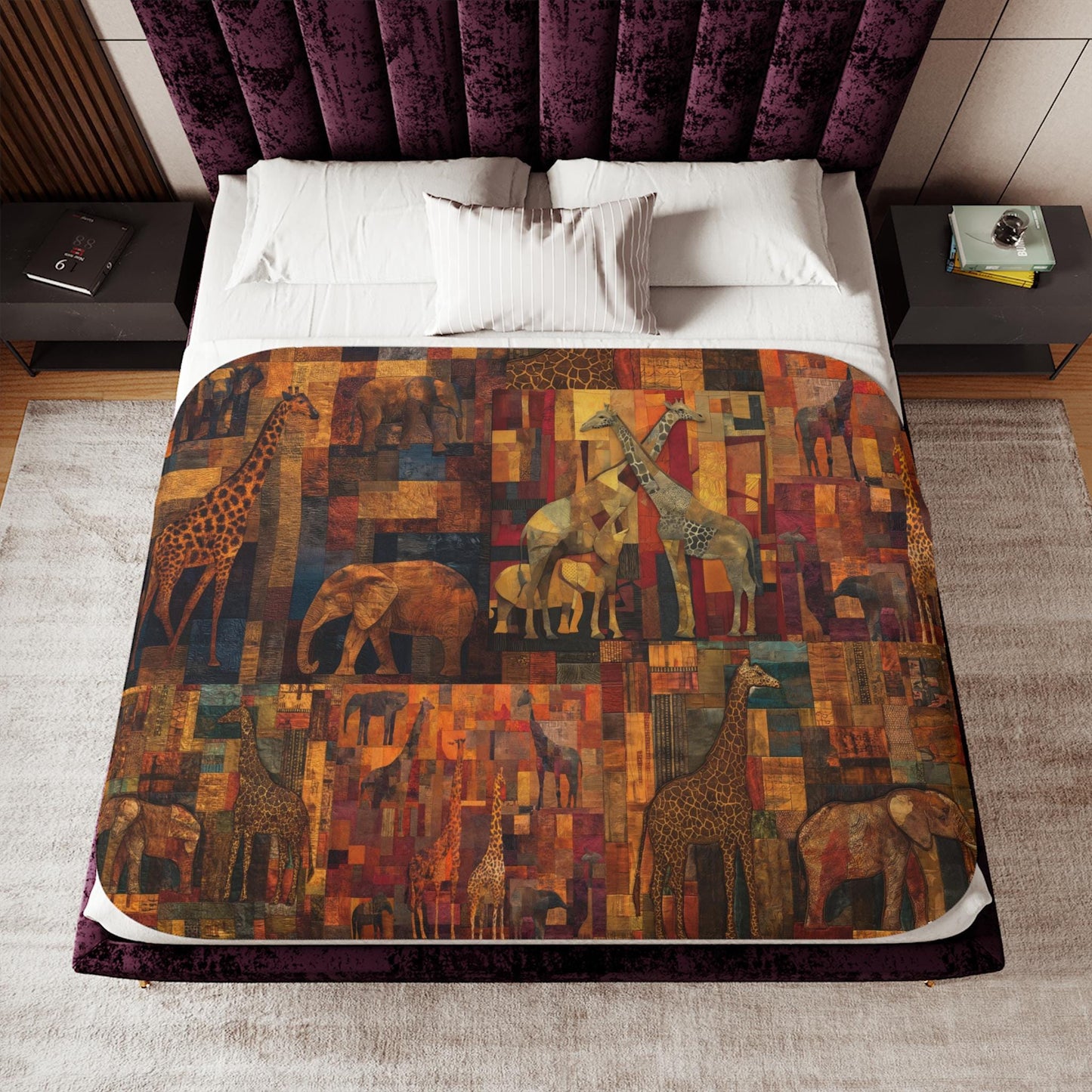 Safari Giraffe Patchwork Sherpa Blanket – Warm Earth Tones, Elephants & African Wildlife Art