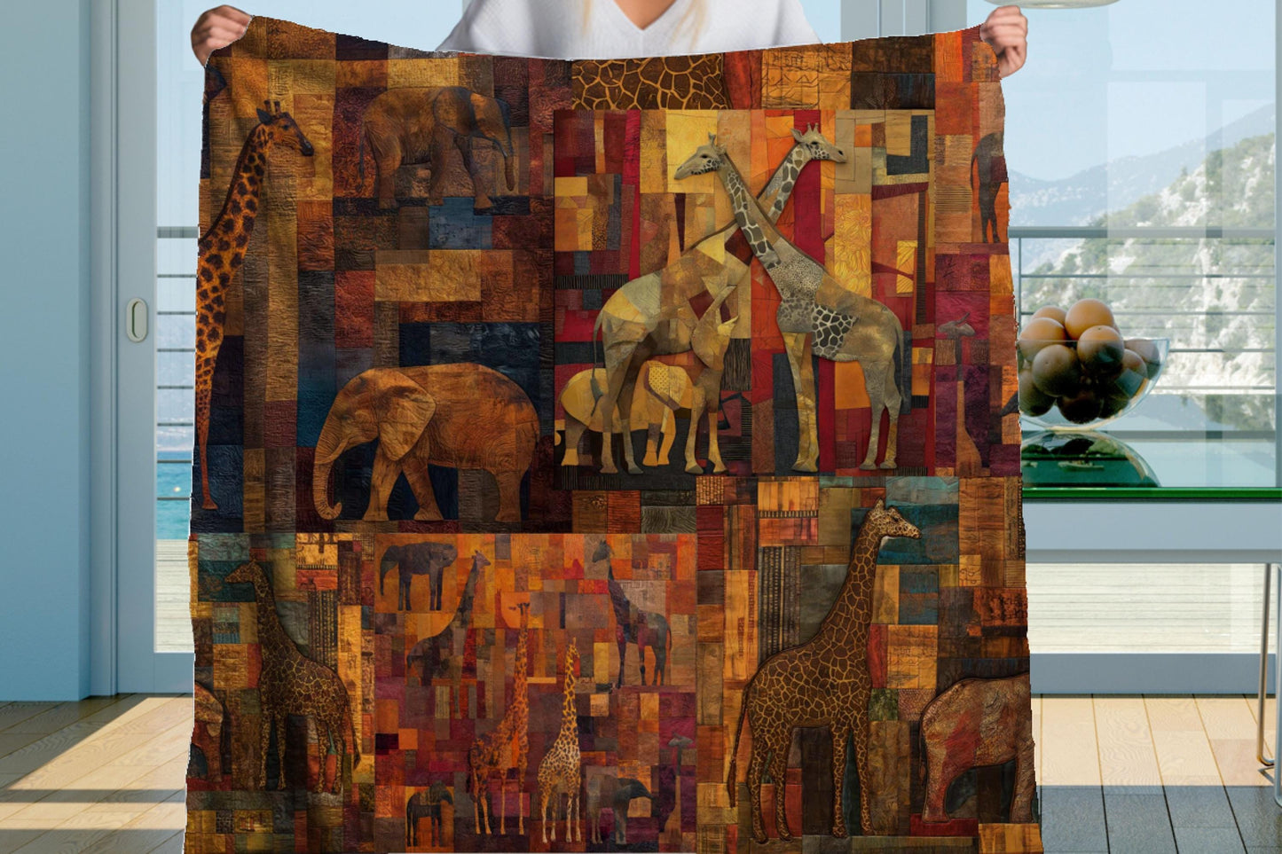 Safari Giraffe Patchwork Sherpa Blanket – Warm Earth Tones, Elephants & African Wildlife Art
