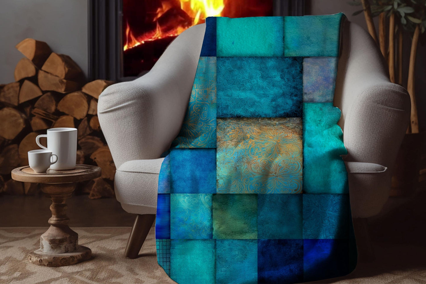 Teal Blue Patchwork Sherpa Blanket – Ocean Tones, Boho Mosaic Texture Throw