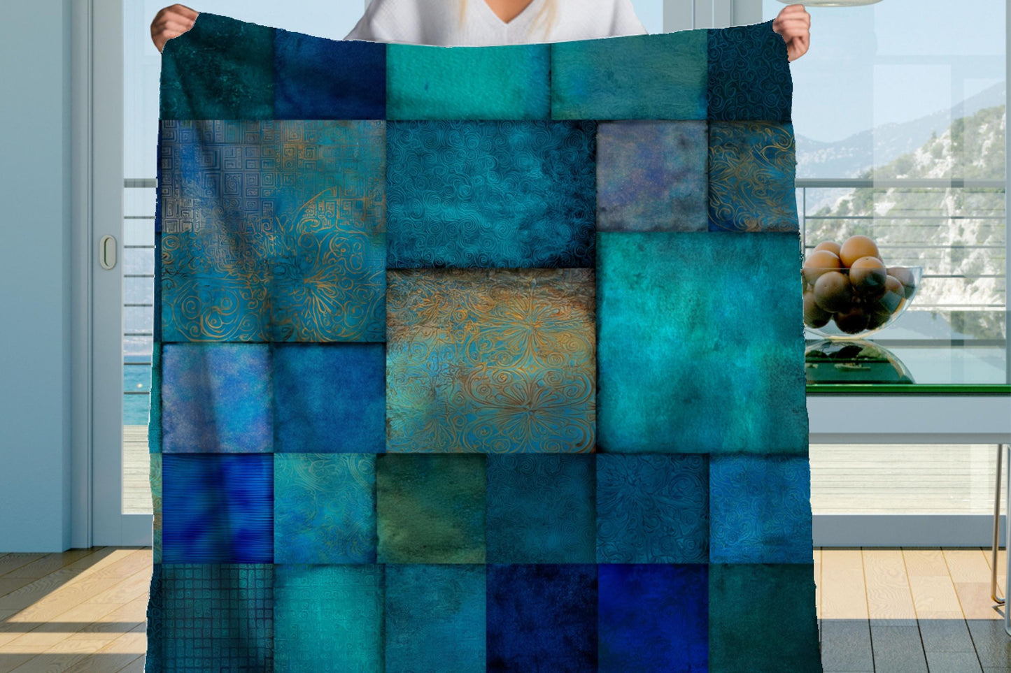 Teal Blue Patchwork Sherpa Blanket – Ocean Tones, Boho Mosaic Texture Throw