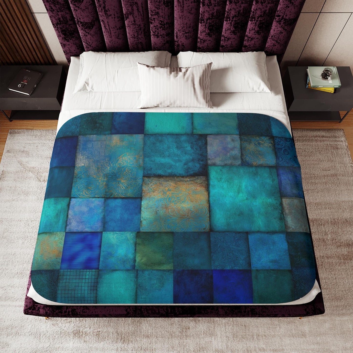 Teal Blue Patchwork Sherpa Blanket – Ocean Tones, Boho Mosaic Texture Throw