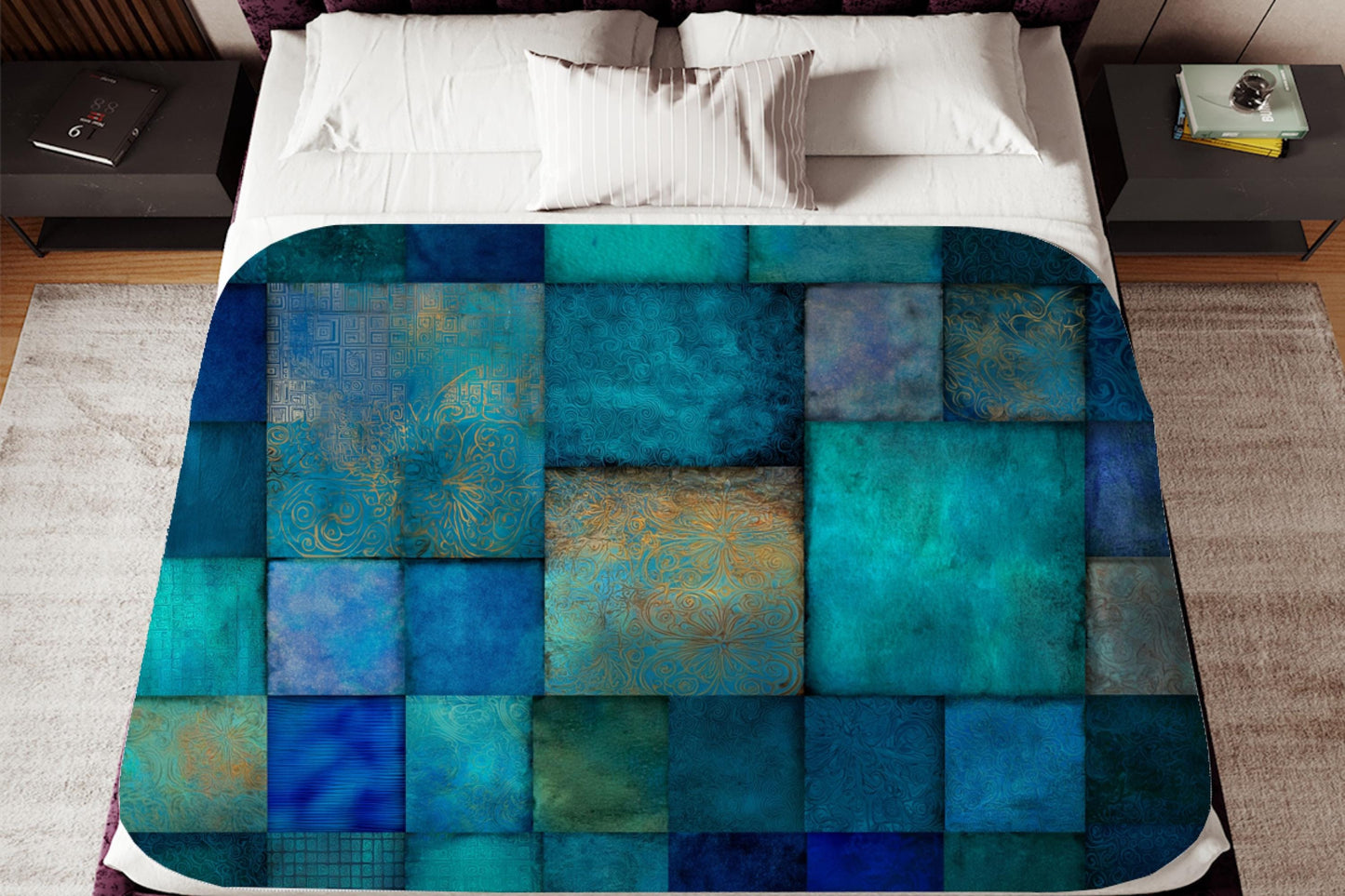 Teal Blue Patchwork Sherpa Blanket – Ocean Tones, Boho Mosaic Texture Throw