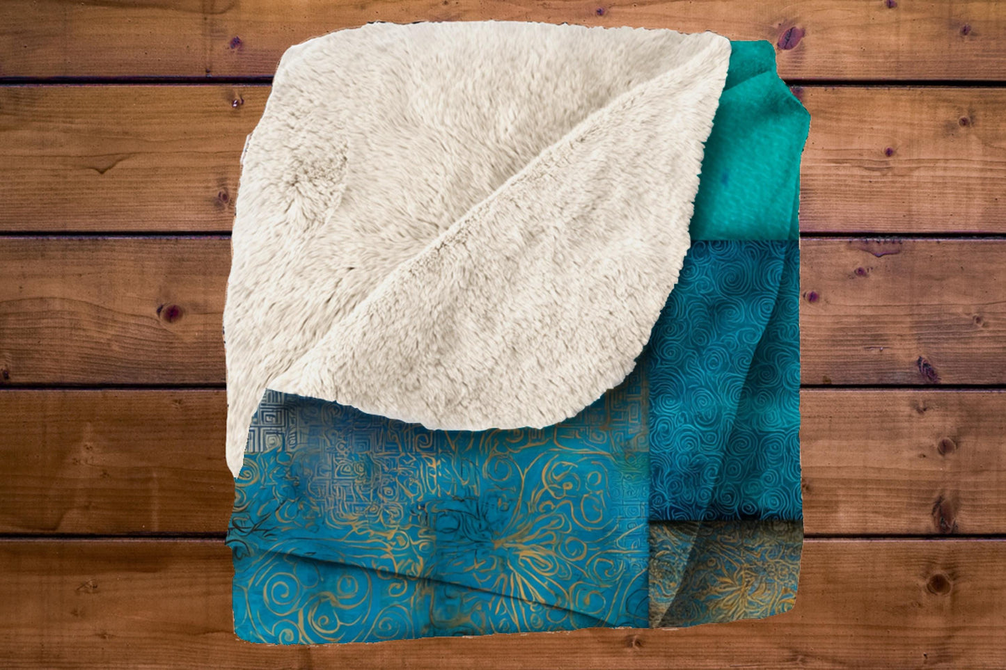 Teal Blue Patchwork Sherpa Blanket – Ocean Tones, Boho Mosaic Texture Throw