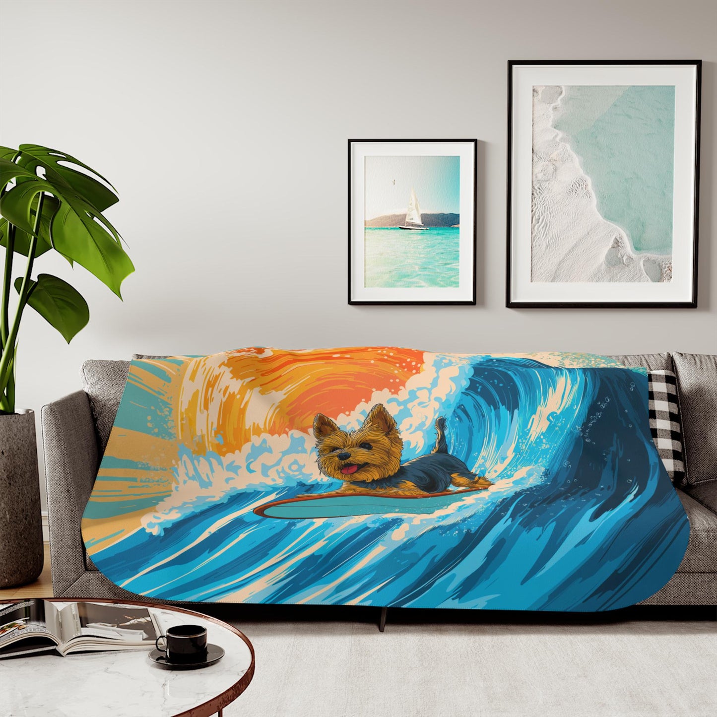 Surfing Yorkie Sherpa Blanket – Cute Dog Surf Art, Beach Wave Dog Lover Throw