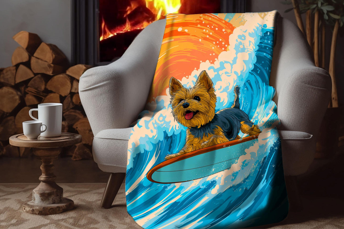 Surfing Yorkie Sherpa Blanket – Cute Dog Surf Art, Beach Wave Dog Lover Throw