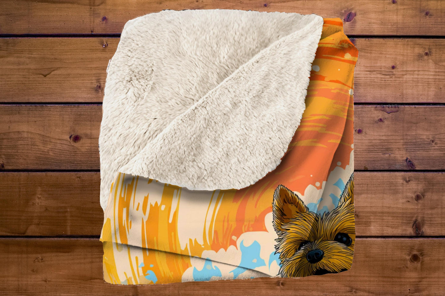 Surfing Yorkie Sherpa Blanket – Cute Dog Surf Art, Beach Wave Dog Lover Throw