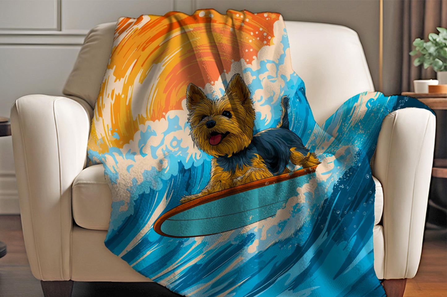 Surfing Yorkie Sherpa Blanket – Cute Dog Surf Art, Beach Wave Dog Lover Throw