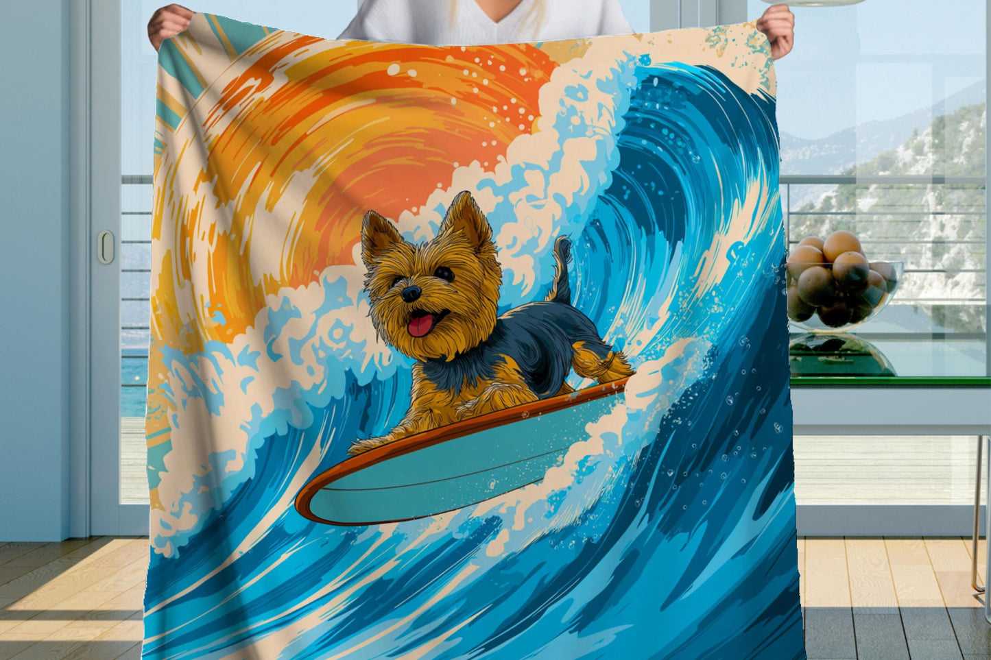 Surfing Yorkie Sherpa Blanket – Cute Dog Surf Art, Beach Wave Dog Lover Throw