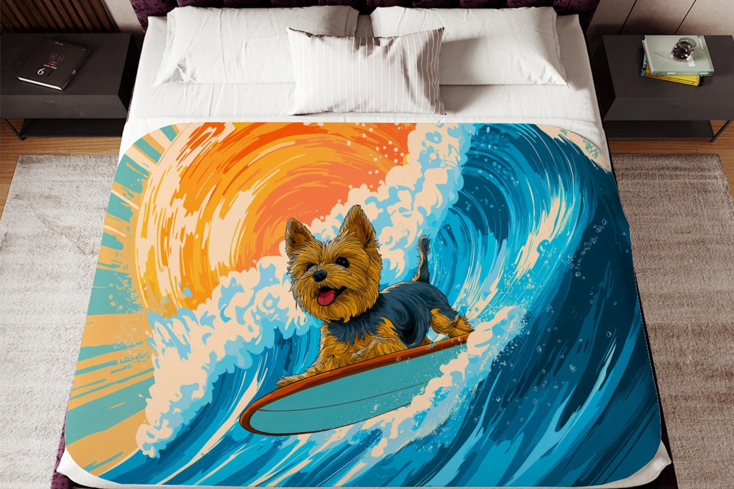 Surfing Yorkie Sherpa Blanket – Cute Dog Surf Art, Beach Wave Dog Lover Throw