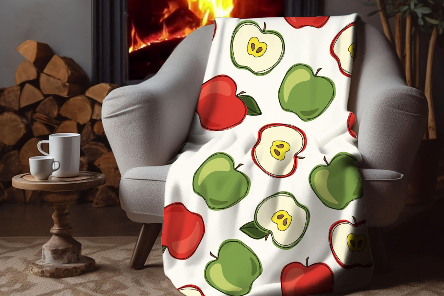 Red and Green Apple Sherpa Blanket – Cute Fruit Pattern Cozy Kitchen Throw