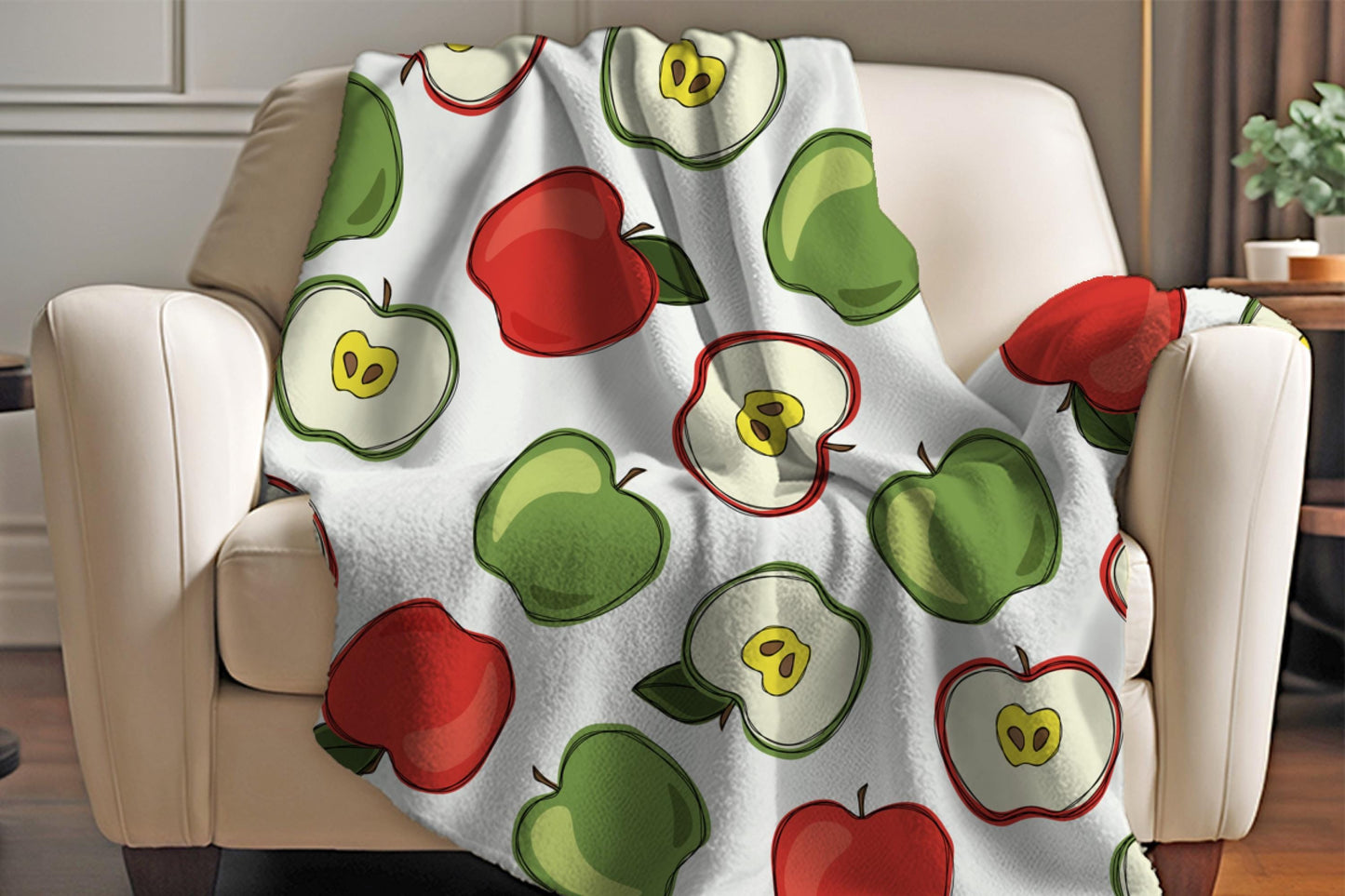 Red and Green Apple Sherpa Blanket – Cute Fruit Pattern Cozy Kitchen Throw