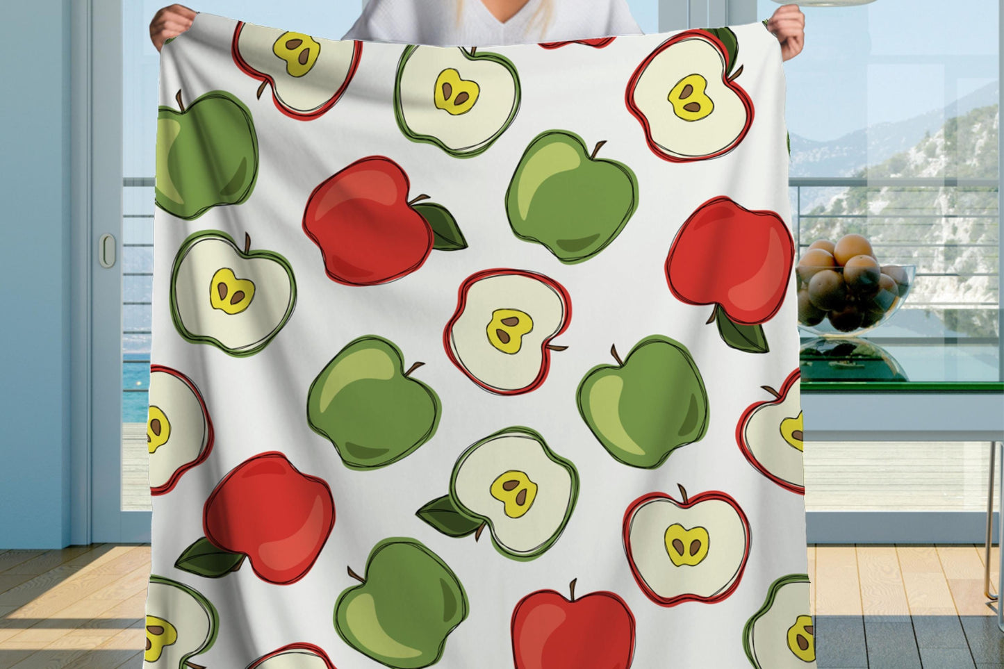Red and Green Apple Sherpa Blanket – Cute Fruit Pattern Cozy Kitchen Throw