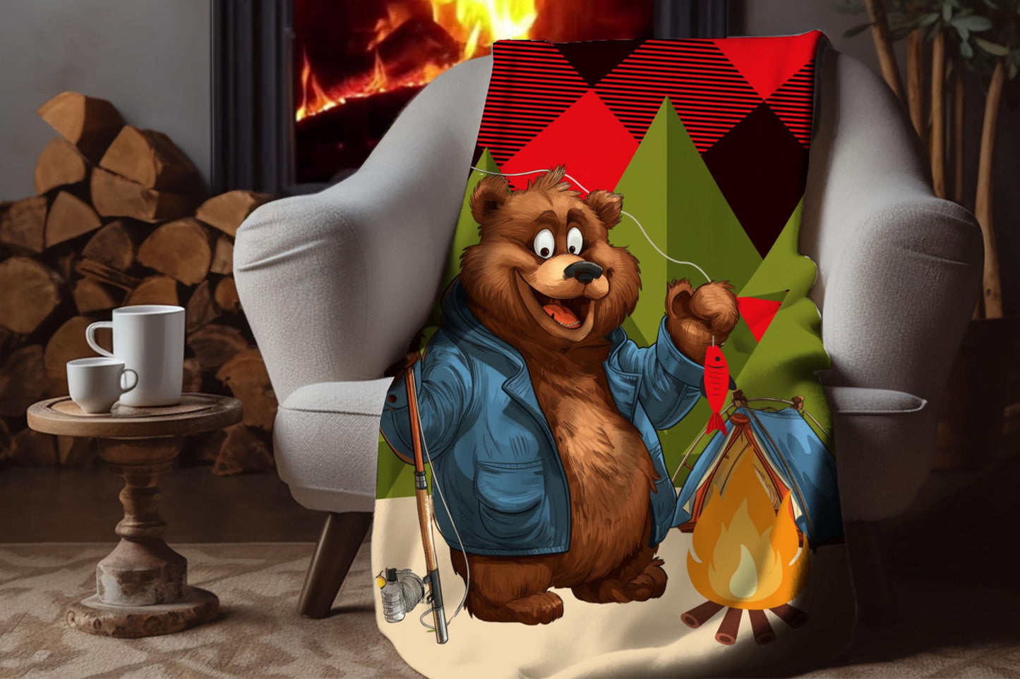 Camping Bear Sherpa Blanket – Fishing Bear Art with Plaid Background, Cozy Outdoor-Themed Throw