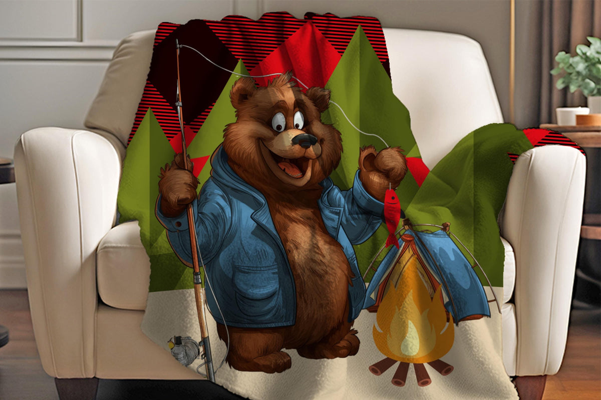 Camping Bear Sherpa Blanket – Fishing Bear Art with Plaid Background, Cozy Outdoor-Themed Throw