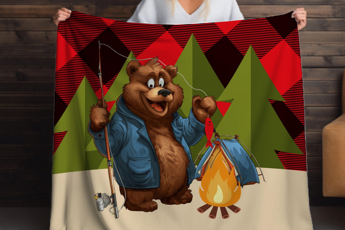 Camping Bear Sherpa Blanket – Fishing Bear Art with Plaid Background, Cozy Outdoor-Themed Throw
