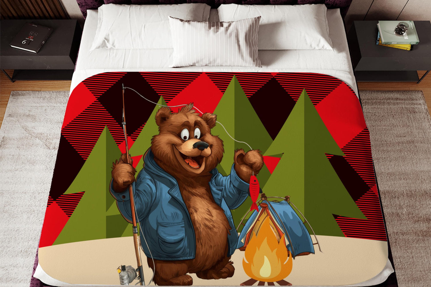 Camping Bear Sherpa Blanket – Fishing Bear Art with Plaid Background, Cozy Outdoor-Themed Throw