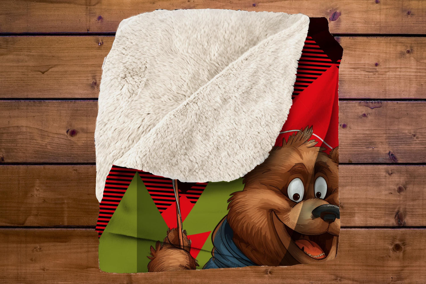 Camping Bear Sherpa Blanket – Fishing Bear Art with Plaid Background, Cozy Outdoor-Themed Throw