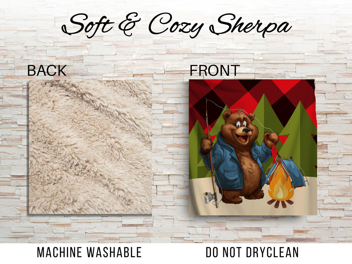 Camping Bear Sherpa Blanket – Fishing Bear Art with Plaid Background, Cozy Outdoor-Themed Throw