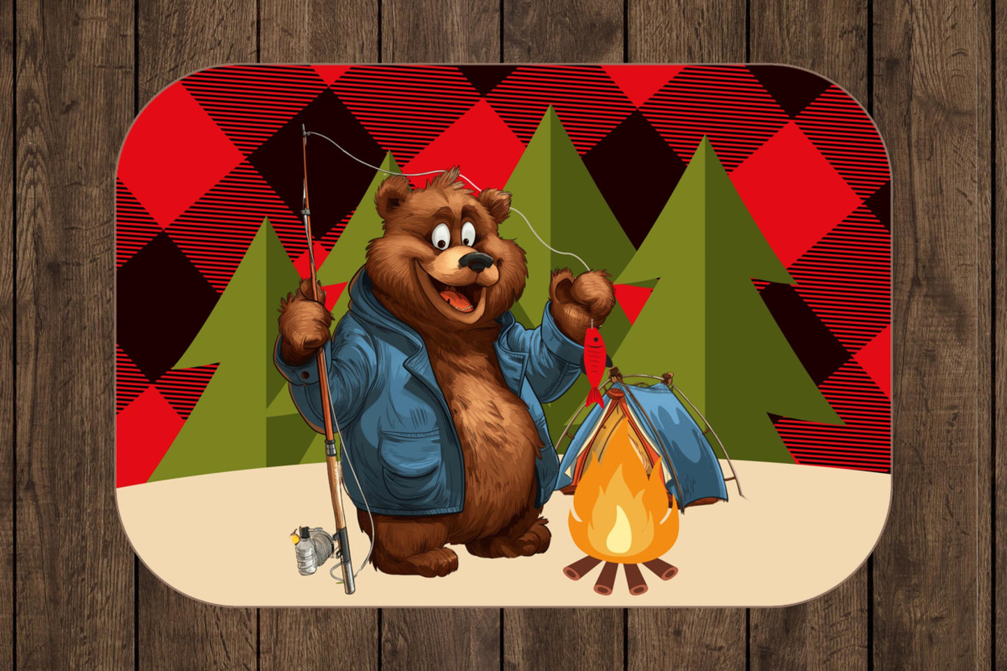 Camping Bear Sherpa Blanket – Fishing Bear Art with Plaid Background, Cozy Outdoor-Themed Throw