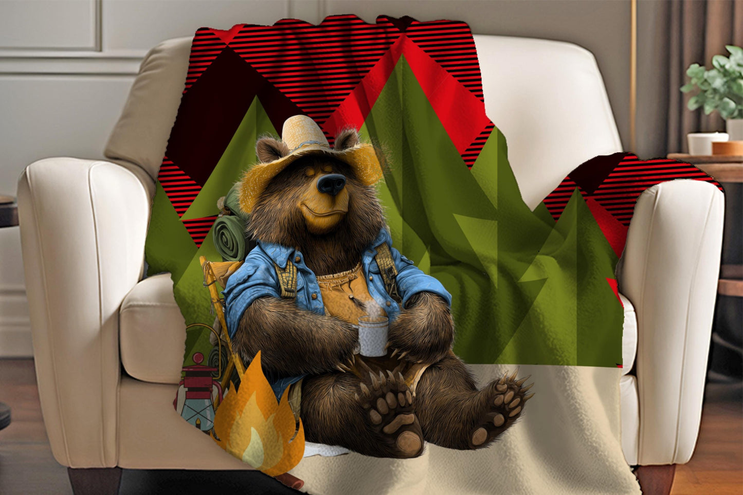 Happy Camper Bear Sherpa Blanket – Camping Bear Art with Plaid Background, Cozy Outdoor Throw