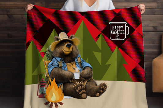 Happy Camper Bear Sherpa Blanket – Camping Bear Art with Plaid Background, Cozy Outdoor Throw