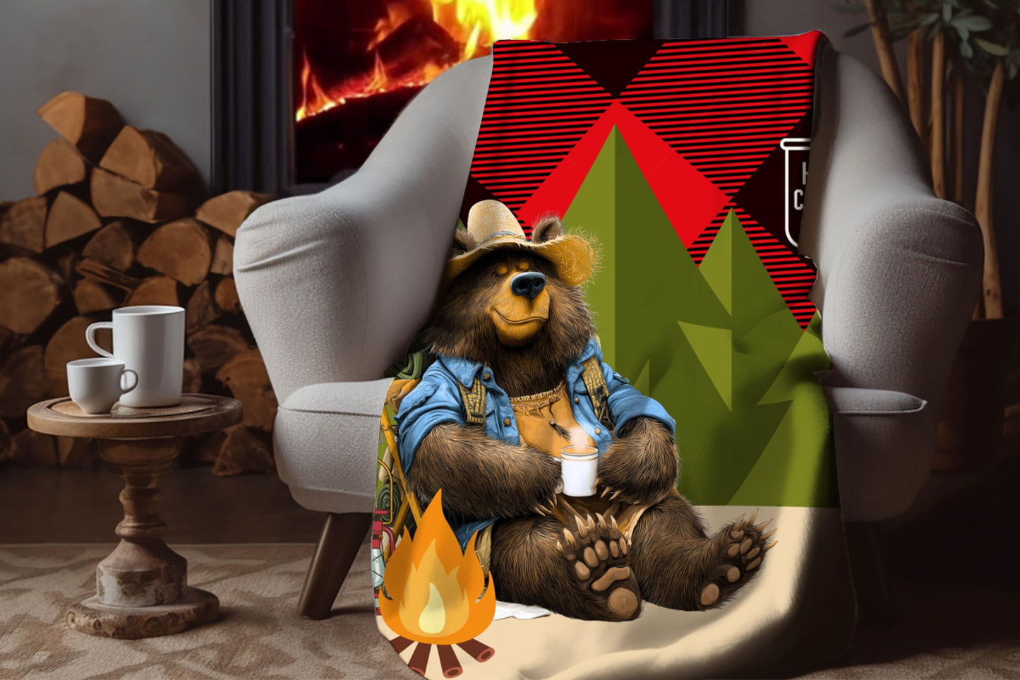 Happy Camper Bear Sherpa Blanket – Camping Bear Art with Plaid Background, Cozy Outdoor Throw