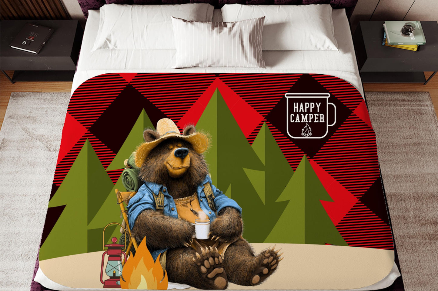 Happy Camper Bear Sherpa Blanket – Camping Bear Art with Plaid Background, Cozy Outdoor Throw