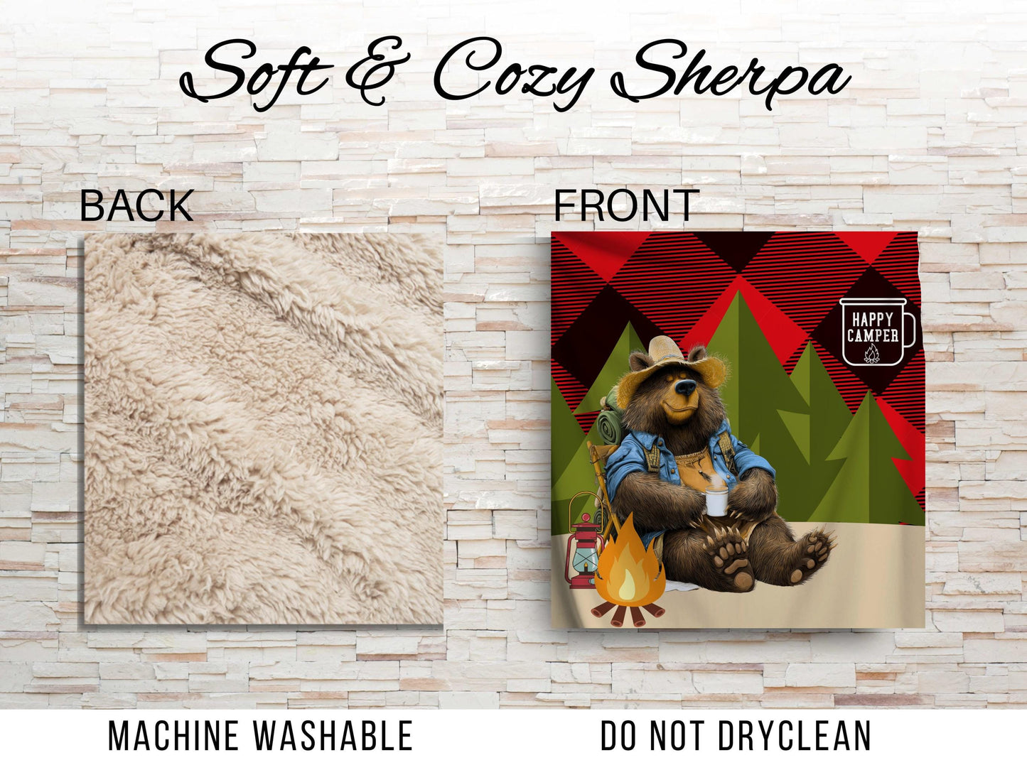 Happy Camper Bear Sherpa Blanket – Camping Bear Art with Plaid Background, Cozy Outdoor Throw