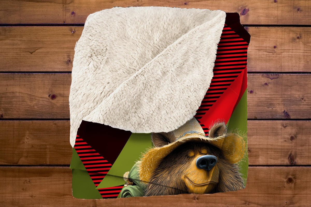 Happy Camper Bear Sherpa Blanket – Camping Bear Art with Plaid Background, Cozy Outdoor Throw