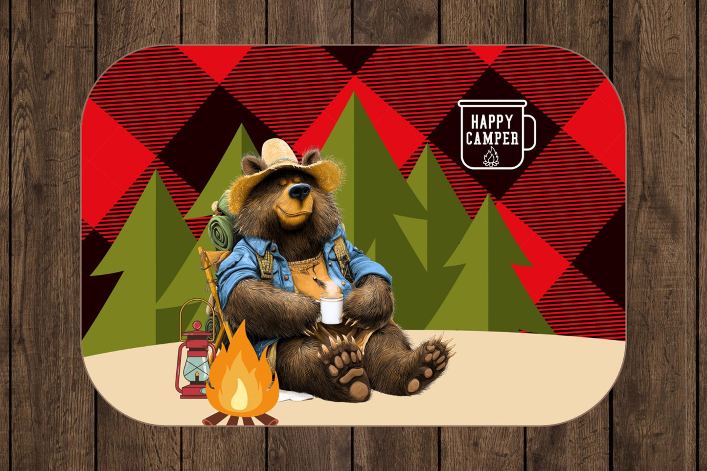 Happy Camper Bear Sherpa Blanket – Camping Bear Art with Plaid Background, Cozy Outdoor Throw