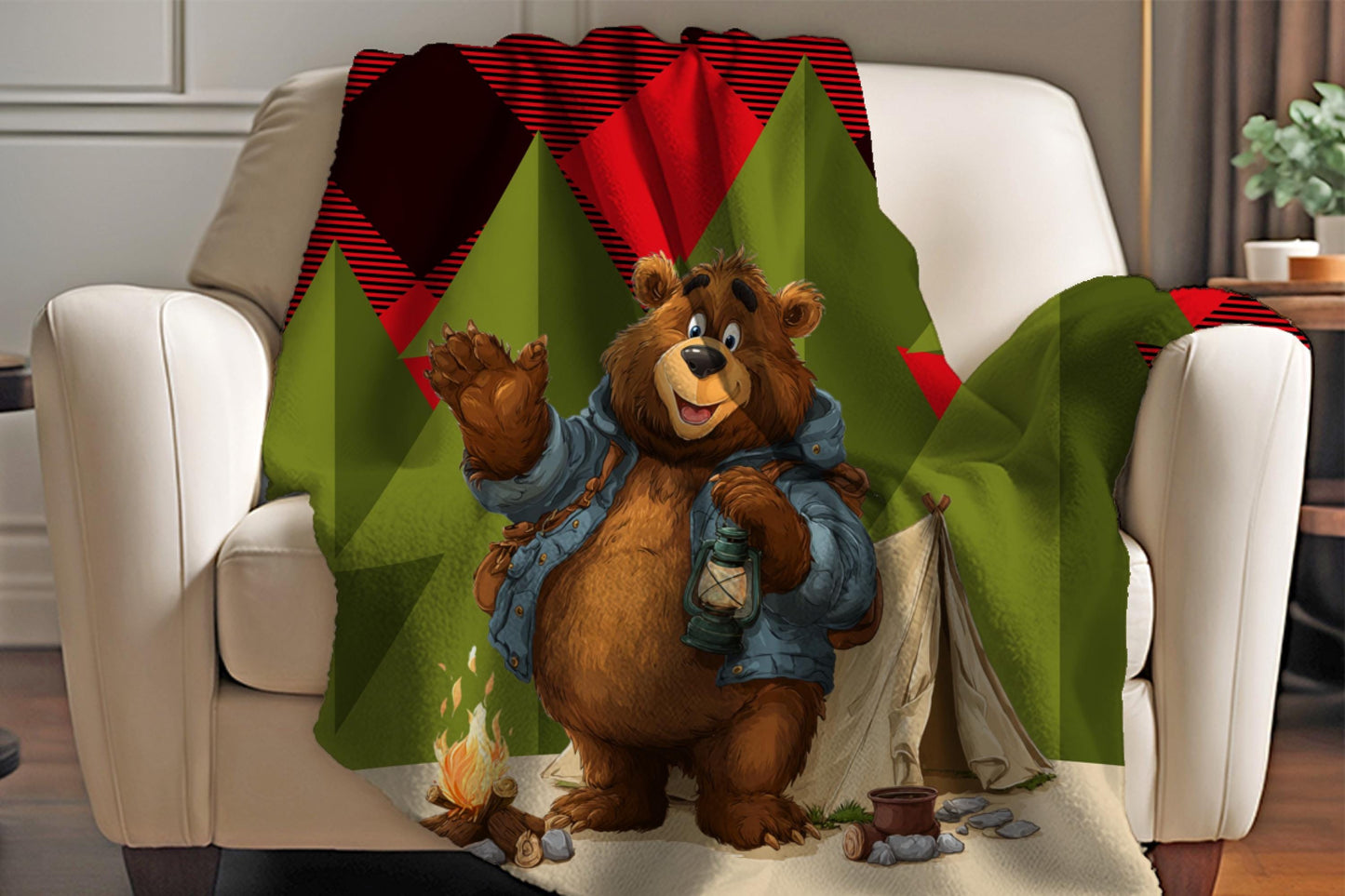 Camping Bear Sherpa Blanket – Lantern Bear Art with Plaid Background, Cozy Outdoor-Themed Throw