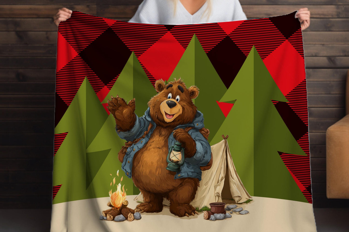 Camping Bear Sherpa Blanket – Lantern Bear Art with Plaid Background, Cozy Outdoor-Themed Throw